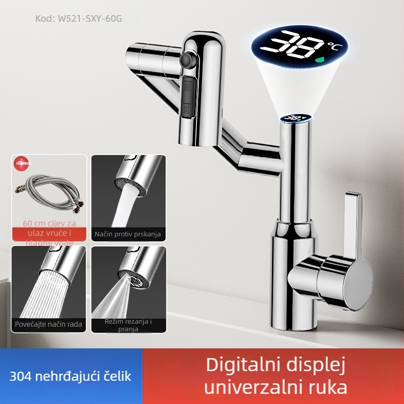 Slavina za umivaonik s digitalnim zaslonom, miješanje tople i hladne, bakreno tijelo, model Lucky Cat, 0–90°C, 1.2 MPa, keramički diskasti ventil