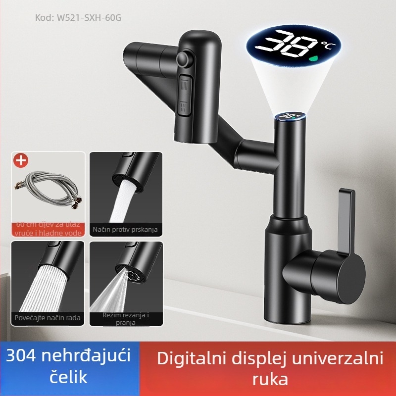 Slavina za umivaonik s digitalnim zaslonom, miješanje tople i hladne, bakreno tijelo, model Lucky Cat, 0–90°C, 1.2 MPa, keramički diskasti ventil