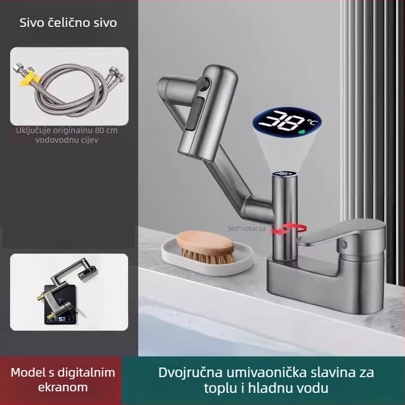 Slavina za umivaonik s digitalnim zaslonom, miješanje tople i hladne, bakreno tijelo, model Lucky Cat, 0–90°C, 1.2 MPa, keramički diskasti ventil