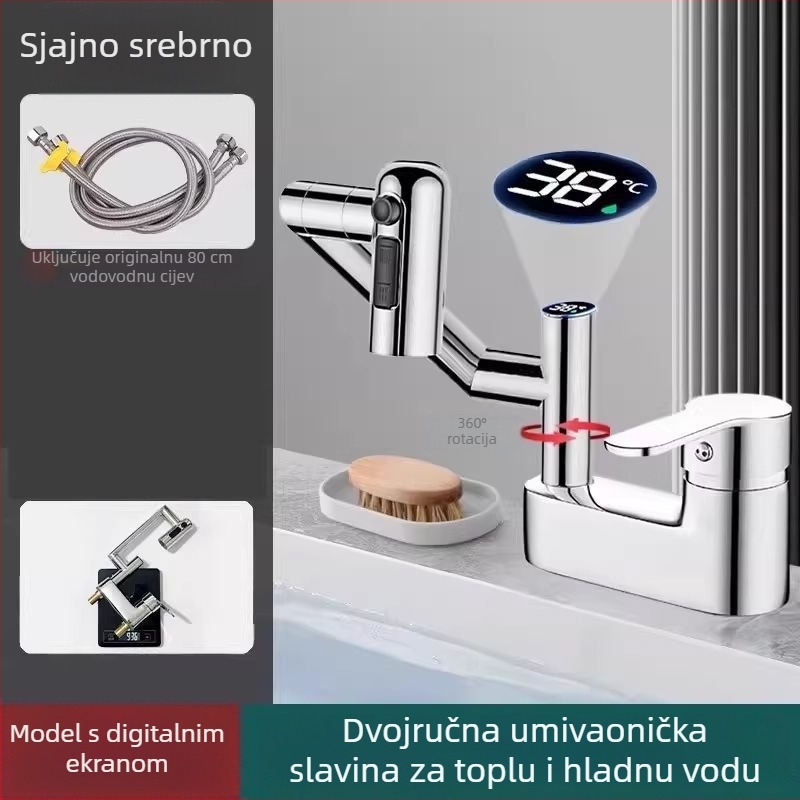 Slavina za umivaonik s digitalnim zaslonom, miješanje tople i hladne, bakreno tijelo, model Lucky Cat, 0–90°C, 1.2 MPa, keramički diskasti ventil