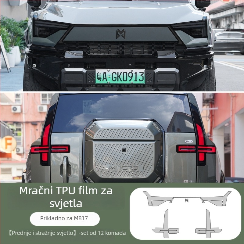 TPU zaštitna folija za svjetla Warrior M817 – uzorak zastave, samoljepljiva instalacija, prednji dio vozila