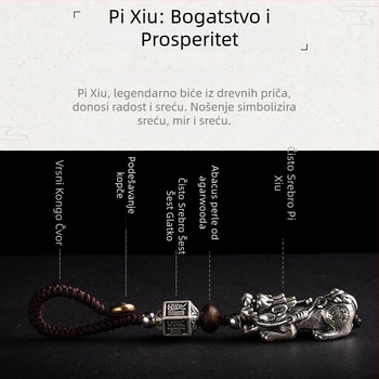 Pixiu privezak za ključeve - čisto srebro S999, vintage stil, za auto ključeve i torbu