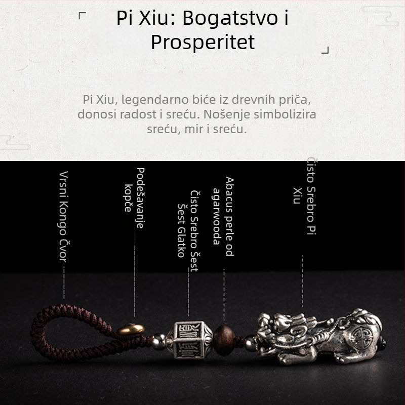 Pixiu privezak za ključeve - čisto srebro S999, vintage stil, za auto ključeve i torbu