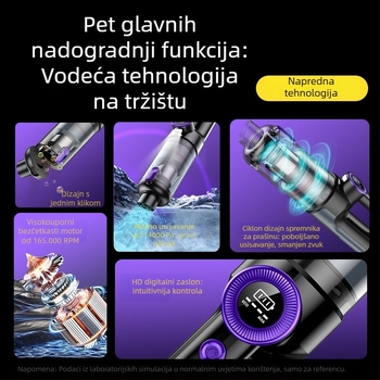 Prijenosni bežični ručni usisavač za automobil s digitalnim zaslonom, bez četkica motora, ciklonska tehnologija (5V-2A; 100 W; 16000 Pa usisnog tlaka; punjiv)