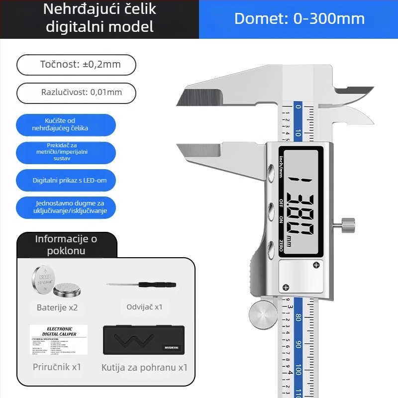 Digitalni šubler s elektroničkim zaslonom, nehrđajući čelik, preciznost 0.01 mm, profesionalna klasa