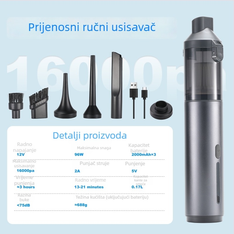 2-in-1 Auto usisavač – ručni, bežični, punjivi, 96W, 36V, 16000 Pa usisna snaga