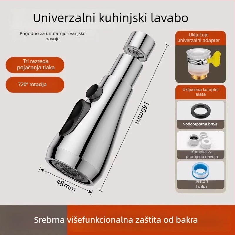Produžni produžitelj slavine za kuhinju s produženim rotirajućim izljevom i spojem protiv prskanja; Materijal: ABS; Ulaz/izlaz Ø50 mm; Promjer sjedala ventila Ø20 mm; Model 4566; Ugradnja nije potrebna