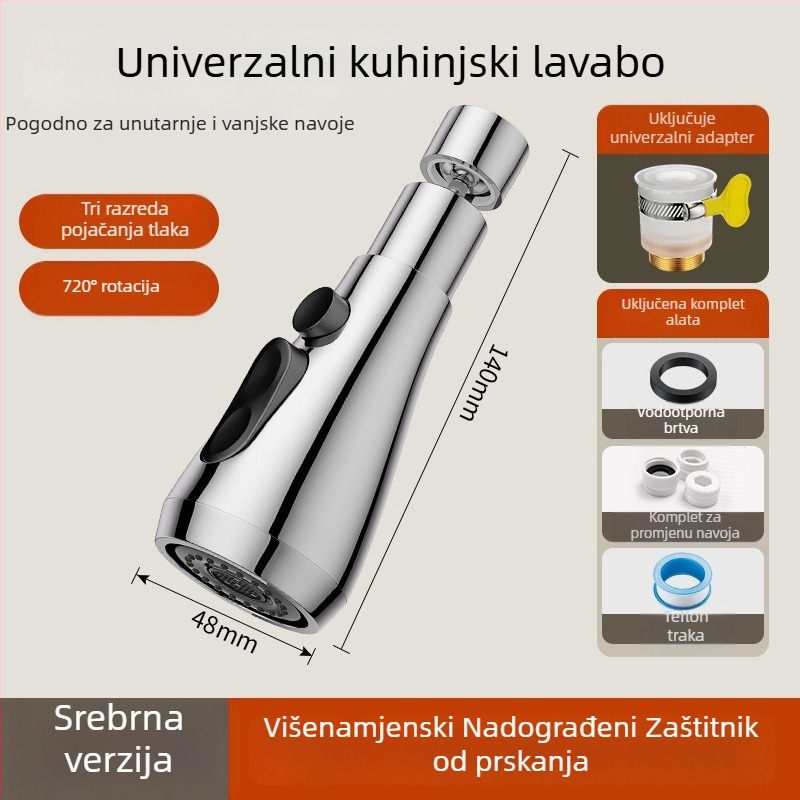 Produžni produžitelj slavine za kuhinju s produženim rotirajućim izljevom i spojem protiv prskanja; Materijal: ABS; Ulaz/izlaz Ø50 mm; Promjer sjedala ventila Ø20 mm; Model 4566; Ugradnja nije potrebna