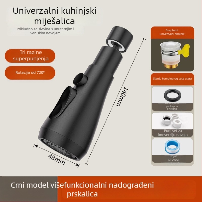 Produžni produžitelj slavine za kuhinju s produženim rotirajućim izljevom i spojem protiv prskanja; Materijal: ABS; Ulaz/izlaz Ø50 mm; Promjer sjedala ventila Ø20 mm; Model 4566; Ugradnja nije potrebna
