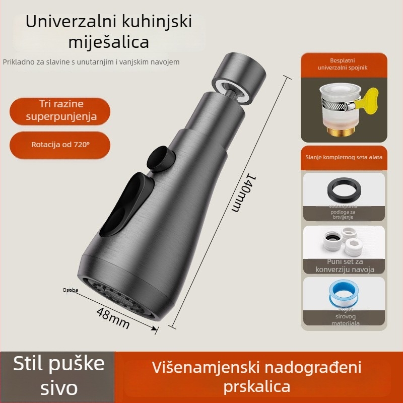 Produžni produžitelj slavine za kuhinju s produženim rotirajućim izljevom i spojem protiv prskanja; Materijal: ABS; Ulaz/izlaz Ø50 mm; Promjer sjedala ventila Ø20 mm; Model 4566; Ugradnja nije potrebna