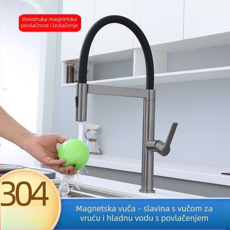 Povucni kuhinjski slavine s toplom i hladnom vodom, 304 nehrđajući čelik, magnetsko okretanje, brušeni završetak, potpuno mosazno srce ventila