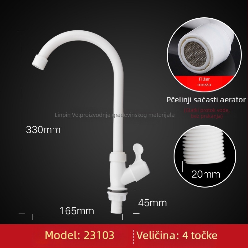 Liansu kuhinjski slavine s velikim zavojem, samo hladna voda, okretni vertikalni plastični slavina, model W23101, 20 mm ulaz/izlaz, brzo spajanje, keramnički ventil