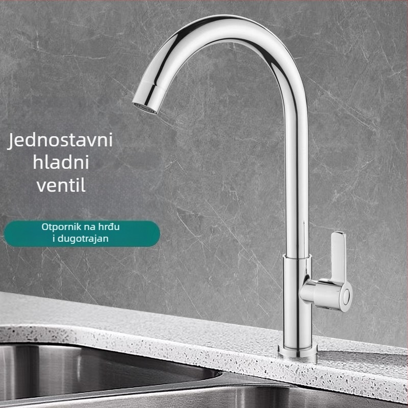 Nehrđajući čelični kuhinjski slavina s četverostrukom kugličnom glavom, samo hladna voda, keramički ventil, spiralna ugradnja