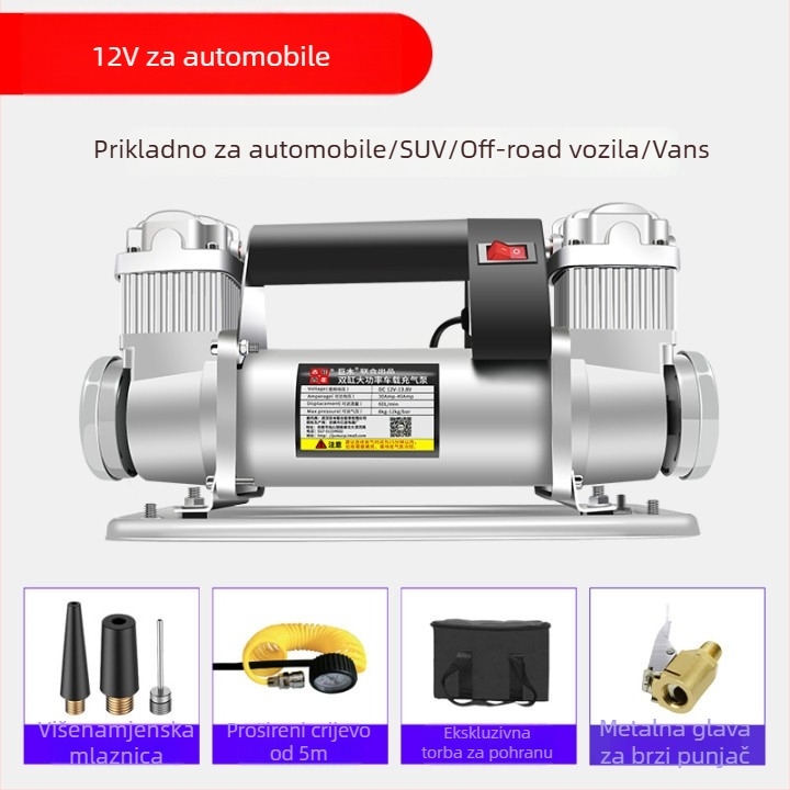 Giant Wood dvostruka cilindrična pumpa za zrak za automobil, 12V, 280W+, metalna konstrukcija, 5 m crijevo, manometar