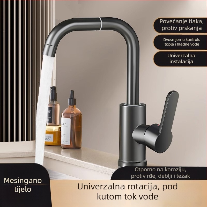 Univerzalna kuhinjska slavina, okretna, protiv raspršivanja, samo hladna voda (Materijal: 304 nehrđajući čelik; Površina: brušena; Jezgro ventila: keramički disk; Način otvaranja: spiralni navoj)