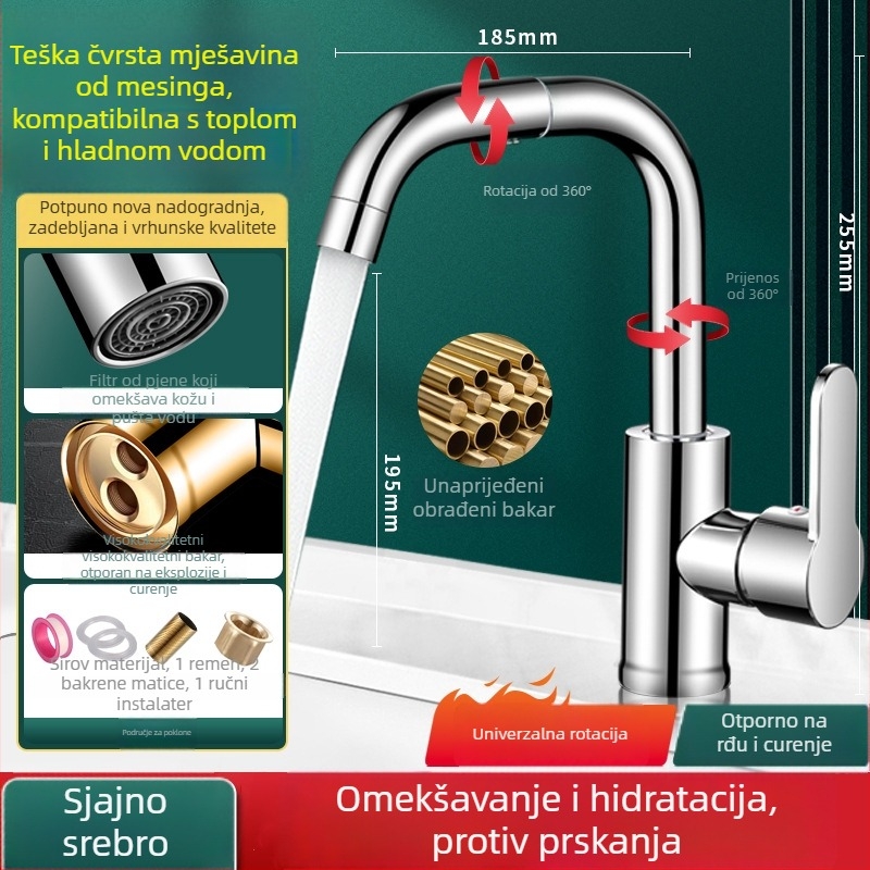 Univerzalna kuhinjska slavina, okretna, protiv raspršivanja, samo hladna voda (Materijal: 304 nehrđajući čelik; Površina: brušena; Jezgro ventila: keramički disk; Način otvaranja: spiralni navoj)
