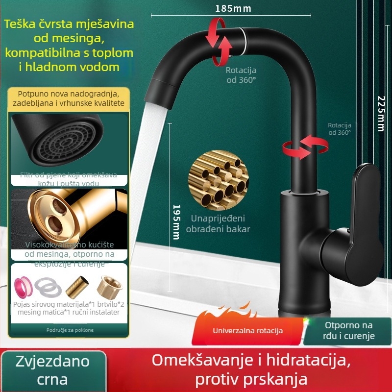 Univerzalna kuhinjska slavina, okretna, protiv raspršivanja, samo hladna voda (Materijal: 304 nehrđajući čelik; Površina: brušena; Jezgro ventila: keramički disk; Način otvaranja: spiralni navoj)