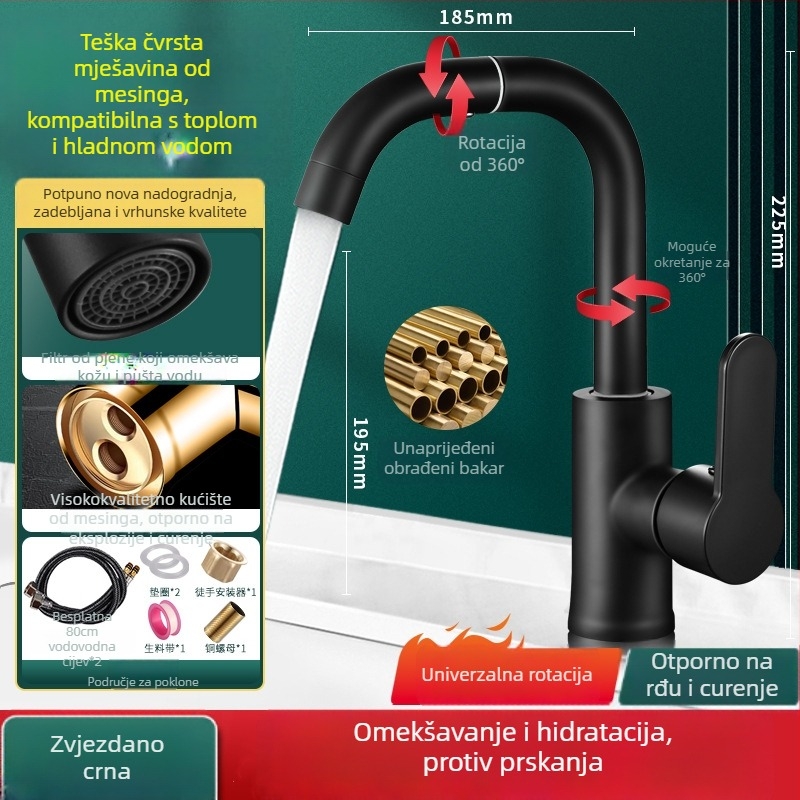 Univerzalna kuhinjska slavina, okretna, protiv raspršivanja, samo hladna voda (Materijal: 304 nehrđajući čelik; Površina: brušena; Jezgro ventila: keramički disk; Način otvaranja: spiralni navoj)