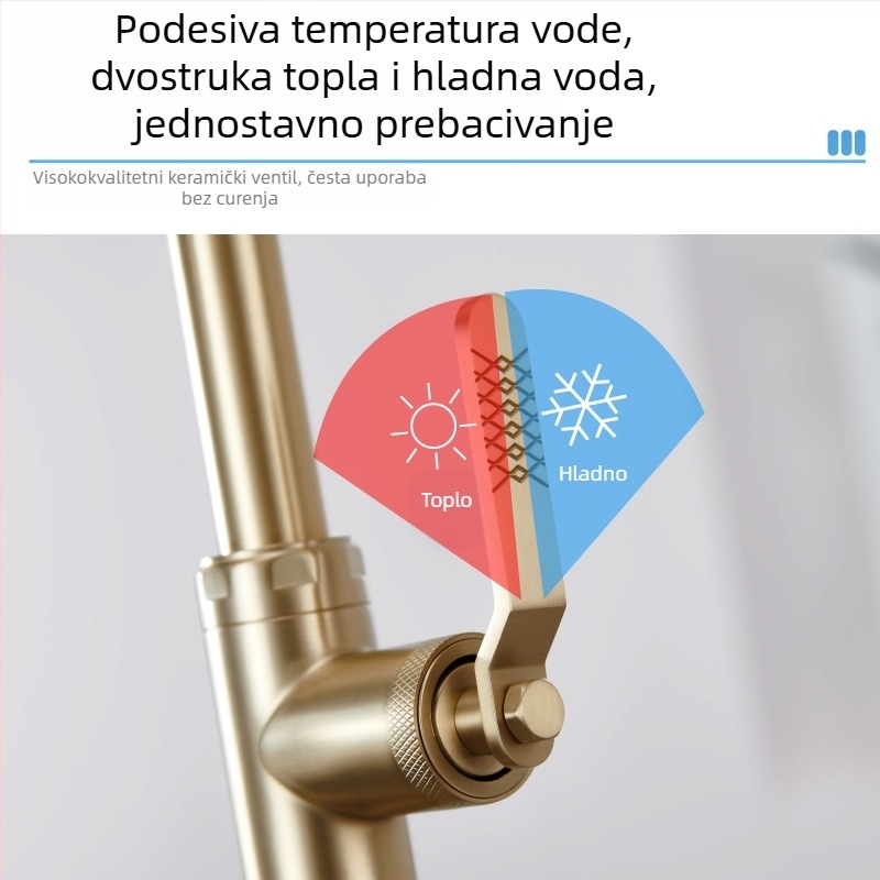 Kuhinjska slavina od bakra s brušenim zlatnim završetkom, dvostruka kontrola tople i hladne vode, povlačni izlaz, keramički ventil, model A8440