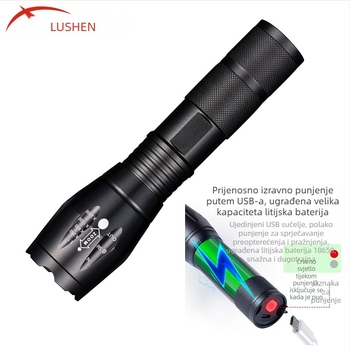 LED zoom flashlight za portretno osvjetljenje, 10W LED, 1200mAh baterija, optički zum, domet 200–500 m