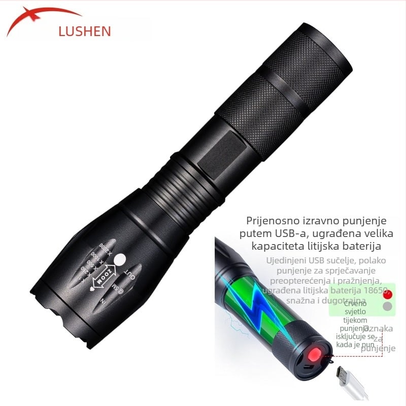 LED zoom flashlight za portretno osvjetljenje, 10W LED, 1200mAh baterija, optički zum, domet 200–500 m