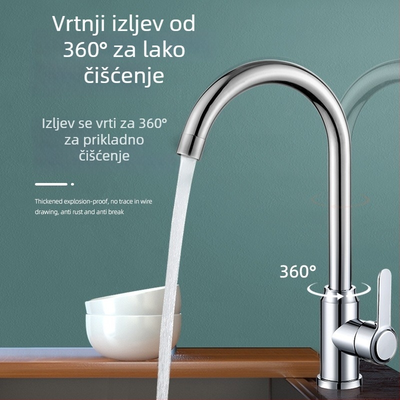 Kuhinjski slavina s tijelom od legure, keramički disk ventil, elektroplatirani završetak, montaža vijcima, topla i hladna voda