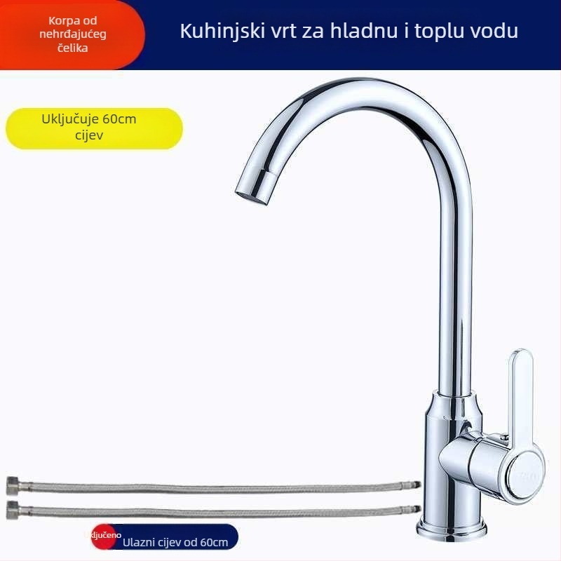 Kuhinjski slavina s tijelom od legure, keramički disk ventil, elektroplatirani završetak, montaža vijcima, topla i hladna voda