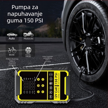 Automobilski pokretač s ugrađenom pumpom i digitalnim kompresorom za gume, sve-u-jednom baterijom i power bankom, CE certifikat, ulaz 5/9V, izlaz 5V