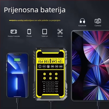 Automobilski pokretač s ugrađenom pumpom i digitalnim kompresorom za gume, sve-u-jednom baterijom i power bankom, CE certifikat, ulaz 5/9V, izlaz 5V