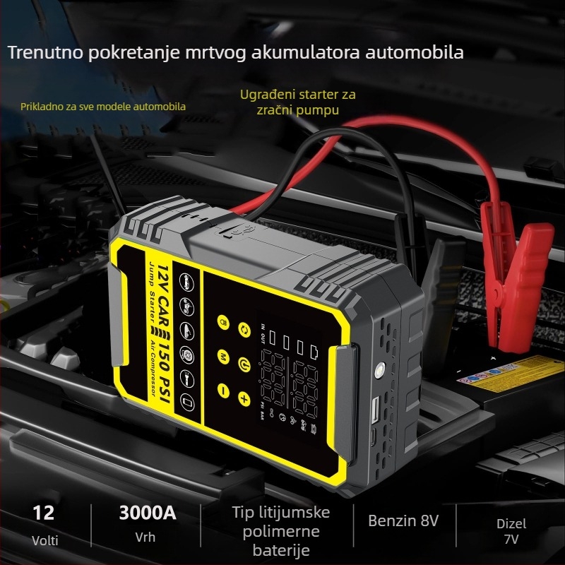 Automobilski pokretač s ugrađenom pumpom i digitalnim kompresorom za gume, sve-u-jednom baterijom i power bankom, CE certifikat, ulaz 5/9V, izlaz 5V