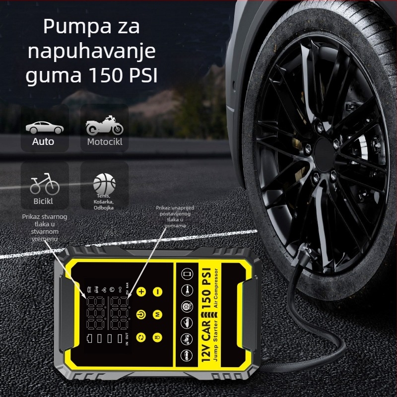 Automobilski pokretač s ugrađenom pumpom i digitalnim kompresorom za gume, sve-u-jednom baterijom i power bankom, CE certifikat, ulaz 5/9V, izlaz 5V