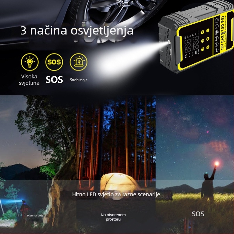 Automobilski pokretač s ugrađenom pumpom i digitalnim kompresorom za gume, sve-u-jednom baterijom i power bankom, CE certifikat, ulaz 5/9V, izlaz 5V