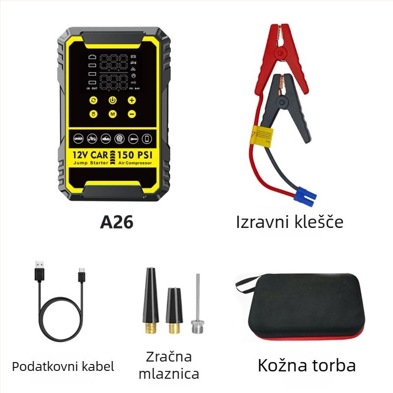 Automobilski pokretač s ugrađenom pumpom i digitalnim kompresorom za gume, sve-u-jednom baterijom i power bankom, CE certifikat, ulaz 5/9V, izlaz 5V