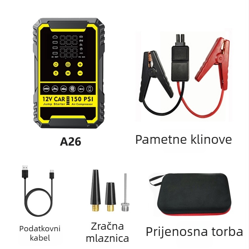 Automobilski pokretač s ugrađenom pumpom i digitalnim kompresorom za gume, sve-u-jednom baterijom i power bankom, CE certifikat, ulaz 5/9V, izlaz 5V