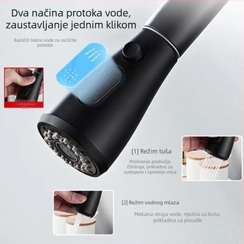 Kuhinjska slavina s izvlačnim izlazom, bakreno tijelo, keramički ventil, elektro-polirana površina, način otvaranja: podizanje