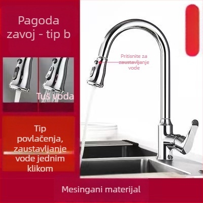 Kuhinjska slavina s izvlačnim izlazom, bakreno tijelo, keramički ventil, elektro-polirana površina, način otvaranja: podizanje