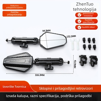 Sklopivi kvadratni retrovizor za motocikle i električna vozila, kućište od aluminijske legure i plastike, prednje i stražnje ugradnje