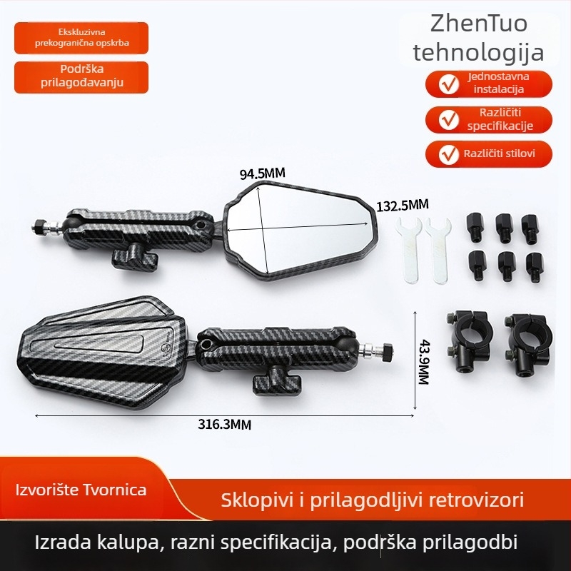 Sklopivi kvadratni retrovizor za motocikle i električna vozila, kućište od aluminijske legure i plastike, prednje i stražnje ugradnje
