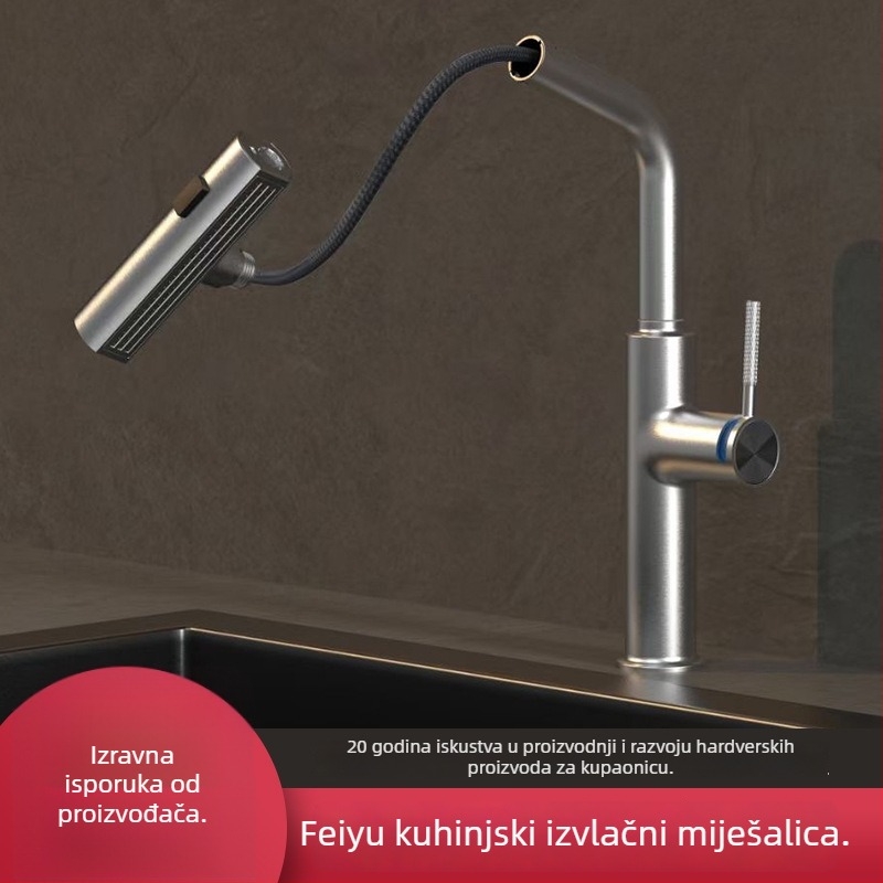 Kuhinjski faucet od cinkove legure s izvučnim izljevom, keramički ventil, dizajn s jednim zglobom, jednostavna instalacija, toplu i hladnu vodu