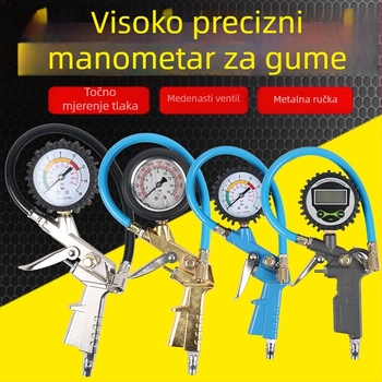 Manometar za tlak u gumama s pištolom za nadimanje, visoka preciznost, cinkova legura, preciznost 0,3 bar, očitanje u barama