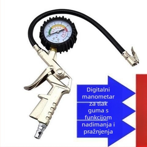 Manometar za tlak u gumama s pištolom za nadimanje, visoka preciznost, cinkova legura, preciznost 0,3 bar, očitanje u barama