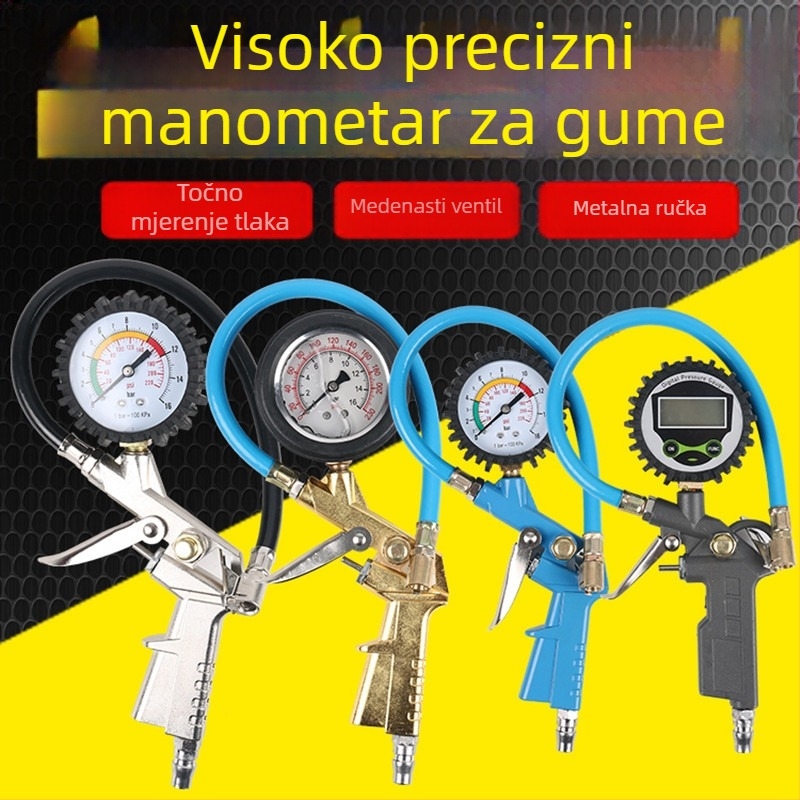 Manometar za tlak u gumama s pištolom za nadimanje, visoka preciznost, cinkova legura, preciznost 0,3 bar, očitanje u barama