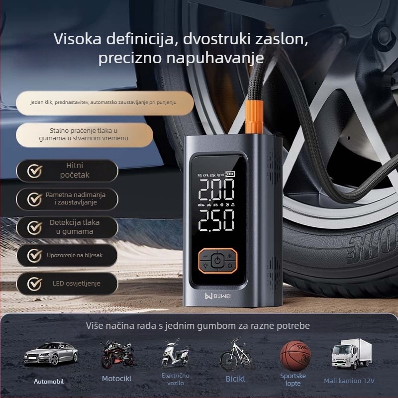 Automobilski uređaj za pokretanje uz ugrađenu pumpu zraka i dvostruki zaslon, sve u jednom, 12V 80W litij baterija, digitalni zaslon, protok zraka 25 L/min, radno vrijeme 5–20 minuta