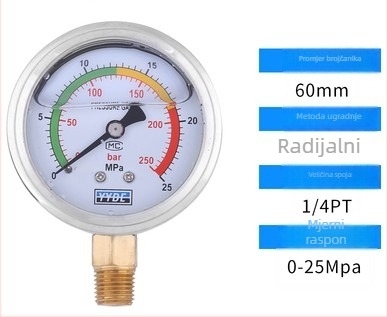 Diafragmalni mjerni manometar za injekcijske strojeve, aksijalno otporan na udarce, N60ZT, model 250KG