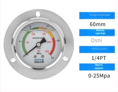 Diafragmalni mjerni manometar za injekcijske strojeve, aksijalno otporan na udarce, N60ZT, model 250KG