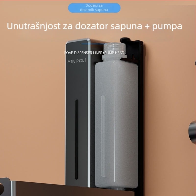 Dispenzer sapuna za kupaonicu, plastično kućište, ručno pritiskanje, moderan minimalistički stil, oksidirani završetak