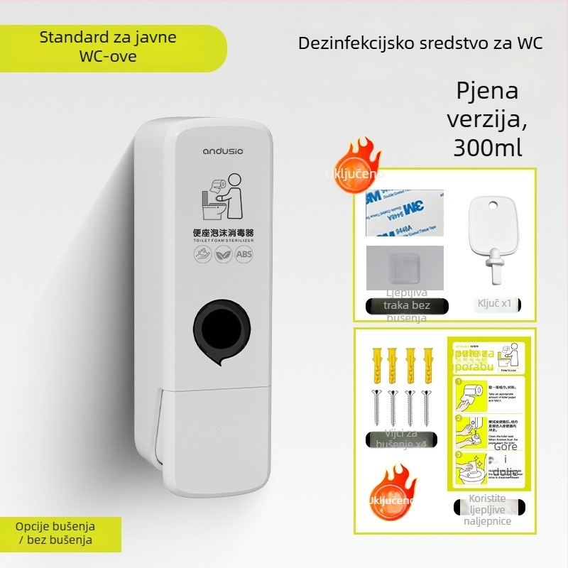 Dispenzer za pjenu dezinfekcijsko sredstvo za WC, zidni, ručno pritiskanje, ABS materijal, težina 0,5 kg