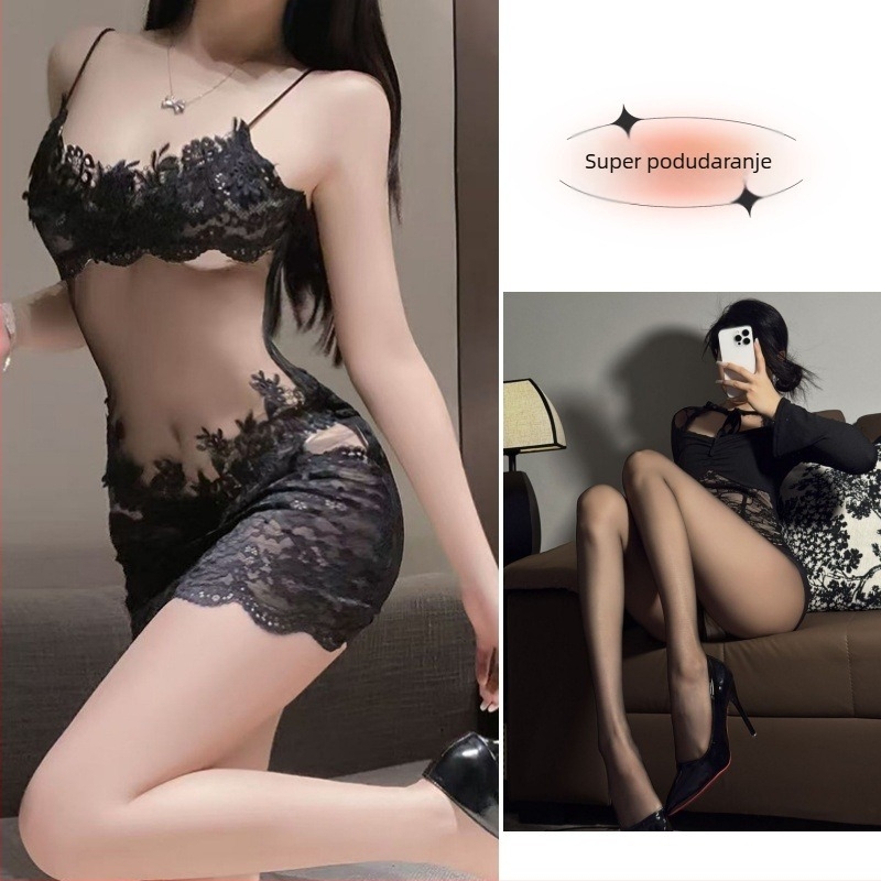 Seksi prozirno čipkasto rublje s izšivanjem, prozirni mrežasti set s naramenicama i otvorenim područjem, noćna haljina
