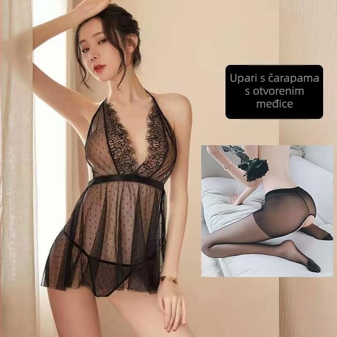Seksi spavaća haljina od čipke s prozirnom mrežicom i halter ovratnikom za žene (80–90% poliestera)