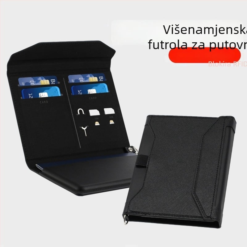 Kožna RFID zaštitna torbica za putovnicu s višestrukim pretincima za kartice i džepom za boarding pass – unisex, PU koža, sintetička podstava, poslovni/putnički stil
